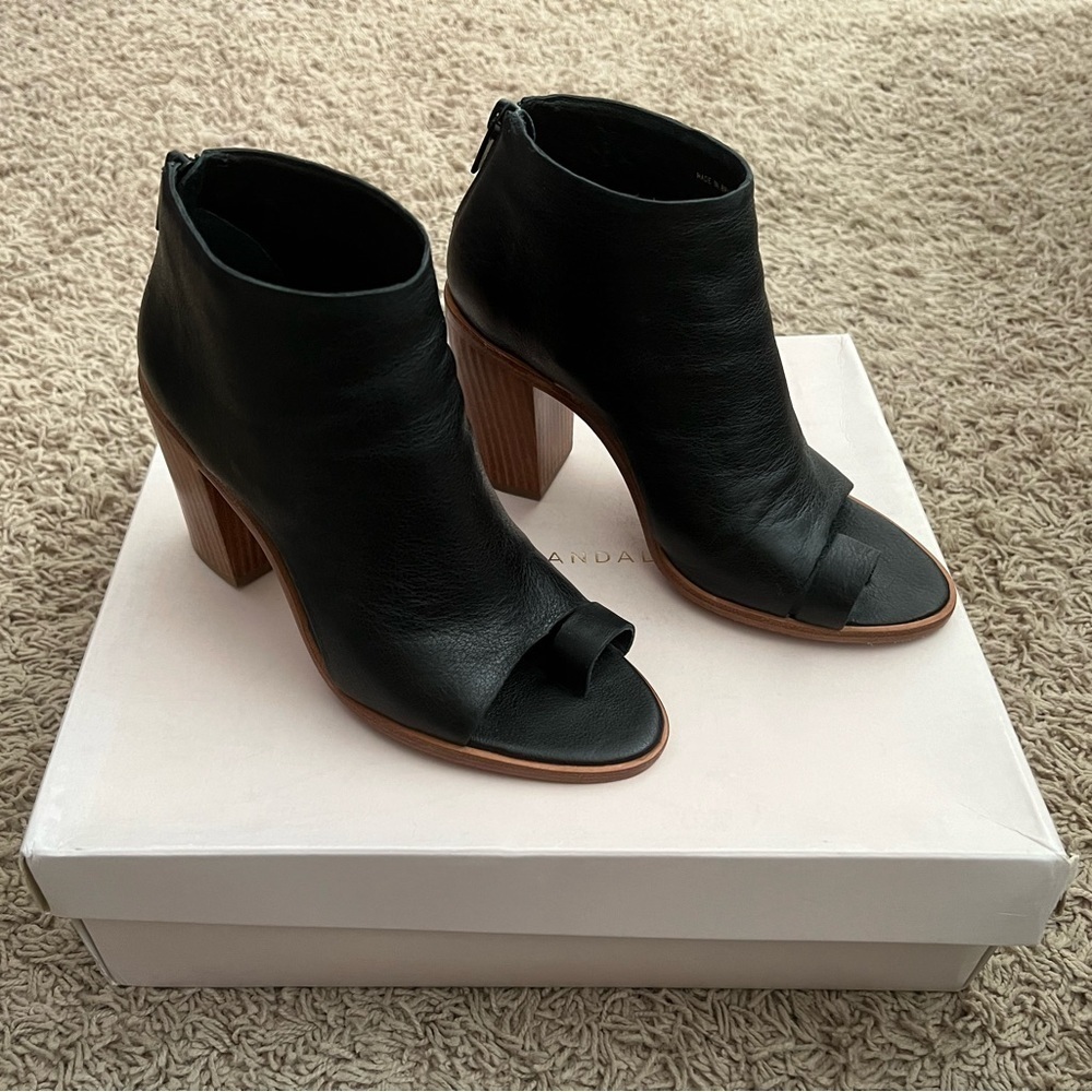 Loeffler Randall Black Ankle Booties with Chunky Wooden Heel